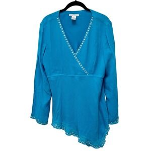 Fashion Instinct‎ Blue Embellished Long Sleeve Asymmetric Hem Blouse Top